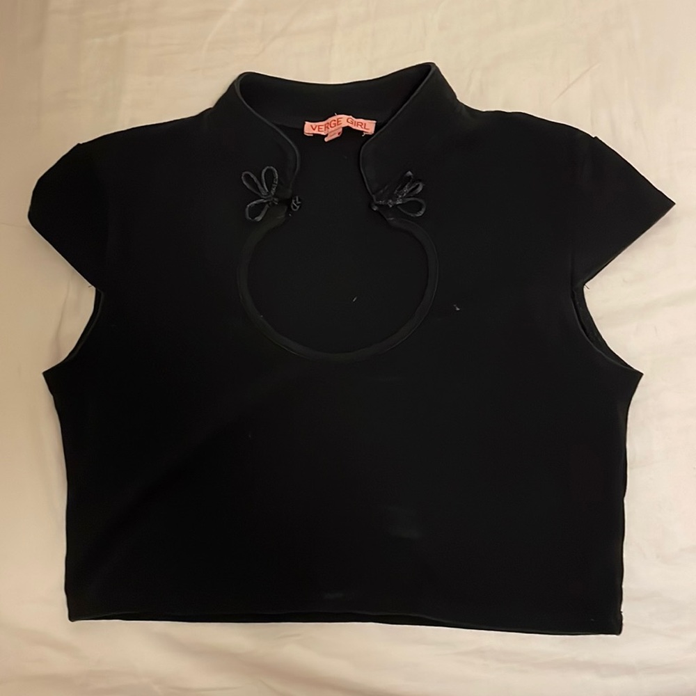 Black crop top with knotted neck closure